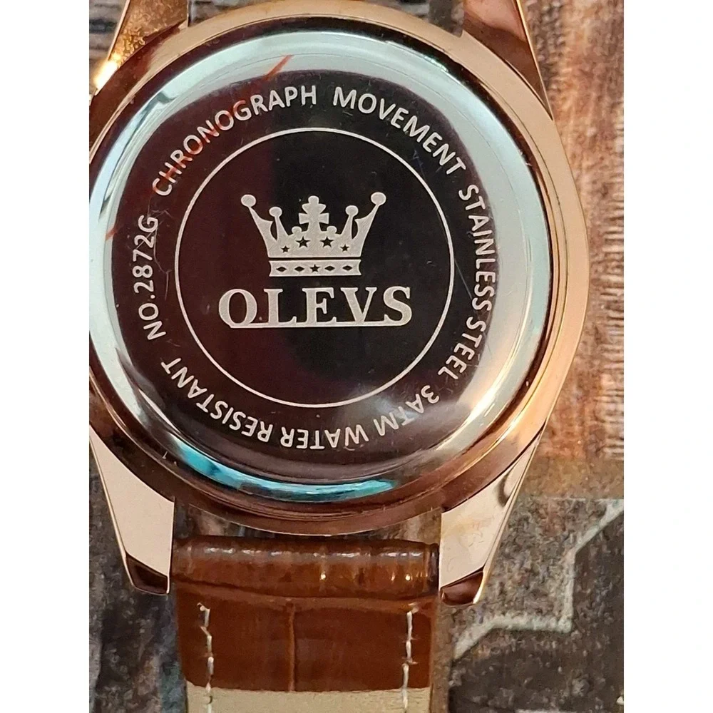 NIB OLEVS 2872G Mens Chrono,Quartz Movement Watch. Brown Dial& Strap. Stainless.